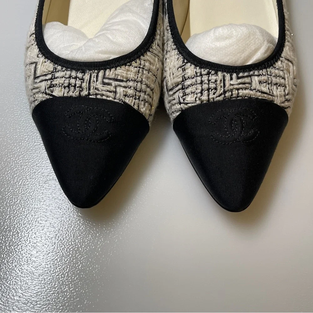 Chanel Chain Link Heel tweed CC Ballerinas flat black white size 39women - Picture 3 of 12
